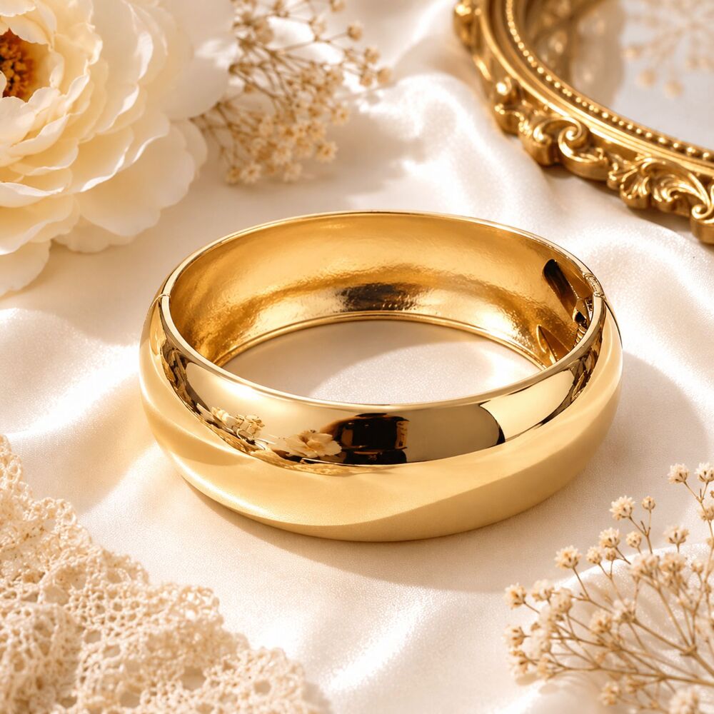 Wide Gold Tone Mirror Finish Hinged Bangle Bracelet Statement Cuff